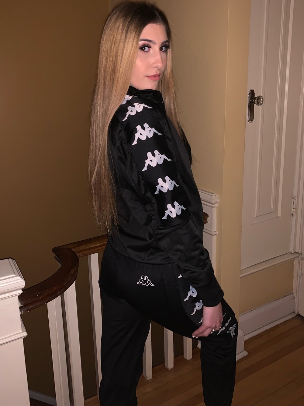 Kappa Black Track Pants with White Logo Tape